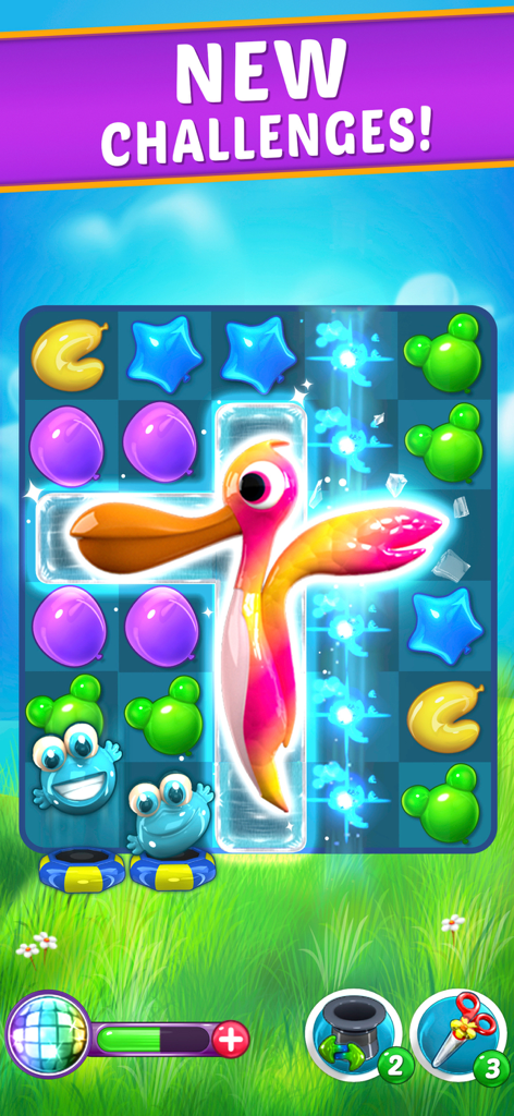 Balloon Paradise match 3 puzzle gameplay with colorful balloons and a large pelican power up