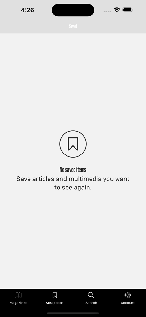 Empty scrapbook screen in the WIRED Magazine UK app with a prompt to save articles and multimedia.