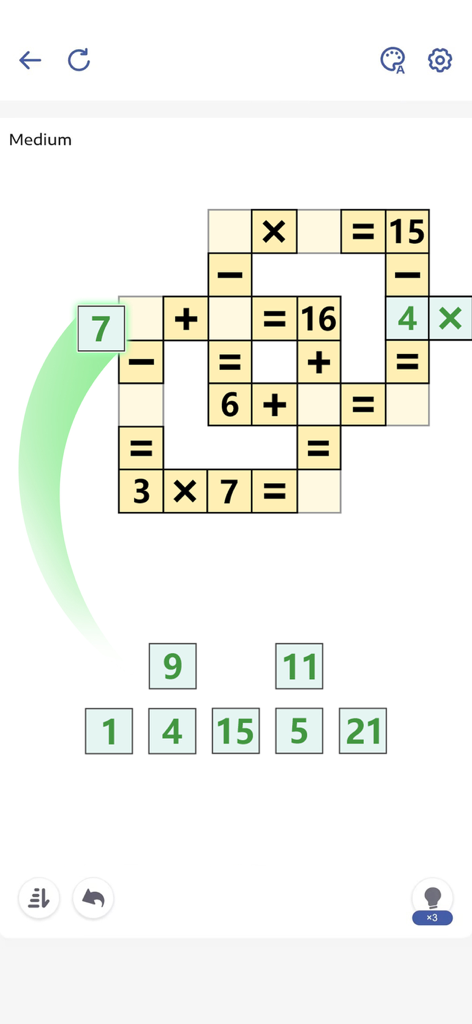 Crossmath game screen showing a medium level math grid puzzle