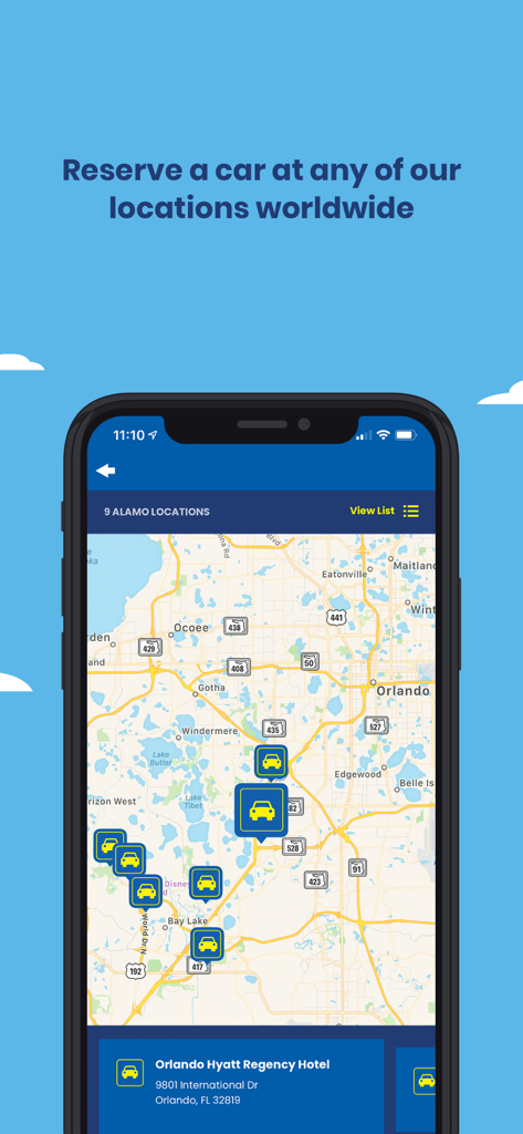 Alamo - Car Rental - Map view of Alamo car rental locations in Orlando Florida within the app