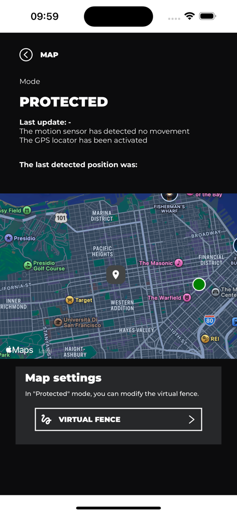 Detect-You - Detect-You app interface showing real-time bike location on a San Francisco map in protected mode with virtual fence options