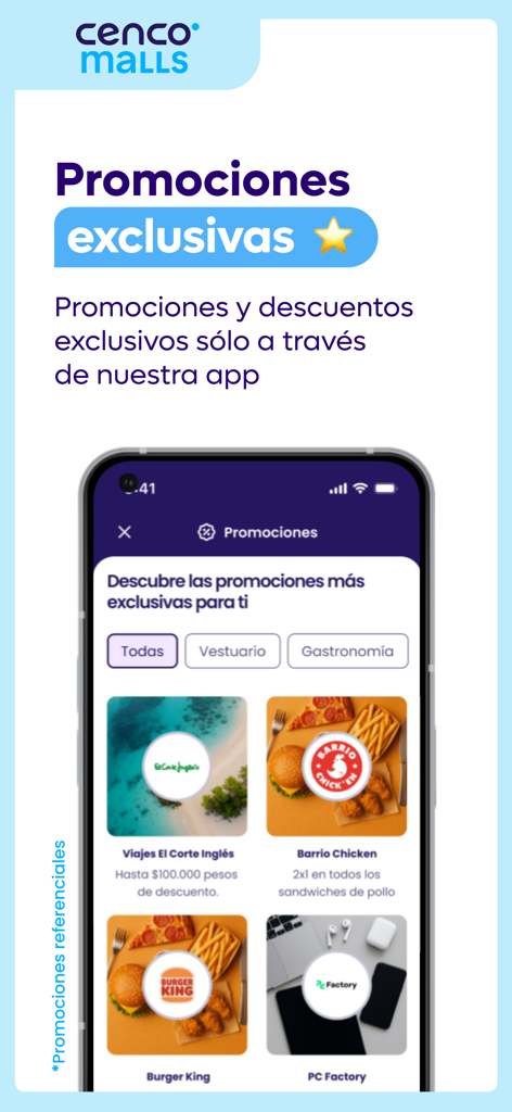 독점 쇼핑 및 식사 프로모션을 표시하는 Cenco Malls 모바일 앱 화면