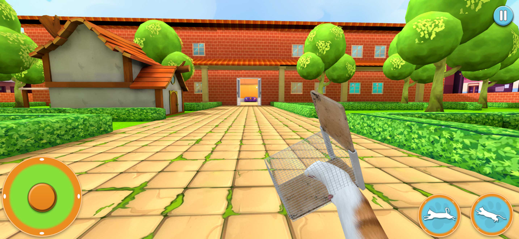 Mystery Cat Detective 3D Games - Perspectiva en primera persona de un personaje de gato explorando un jardín en un juego de simulación 3D