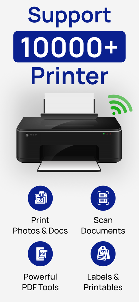 Smart Printer app interface showing support for 10000 printers and document management tools