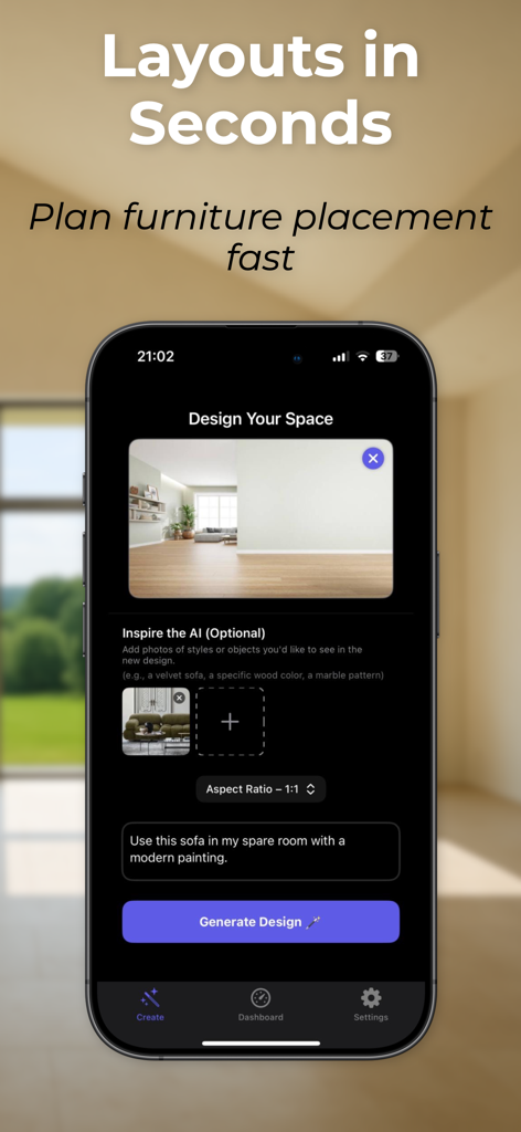 Remodel AI: Room Planner - Interface do iPhone mostrando o aplicativo Remodel AI com um prompt de design de sala e botão para gerar design.