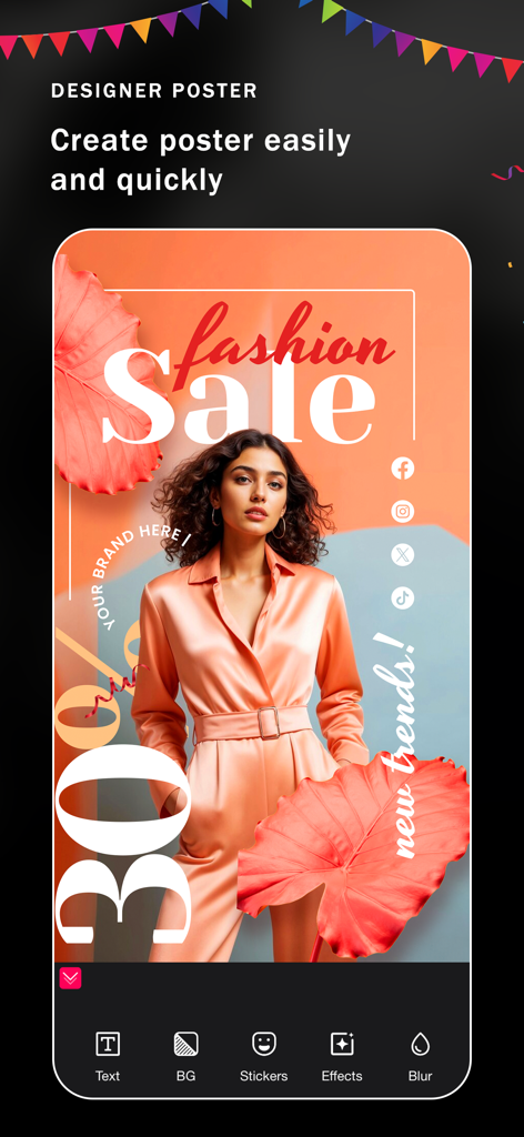 Birthday Video Maker Songs - Interfaz de usuario de una herramienta de diseño de póster que muestra una plantilla de oferta de moda con varias opciones de edición como texto y pegatinas.