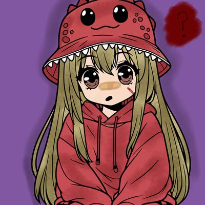 girl with anime shaped eyes with a dinosaur bucket hat oversized sweatshirt long straight hair