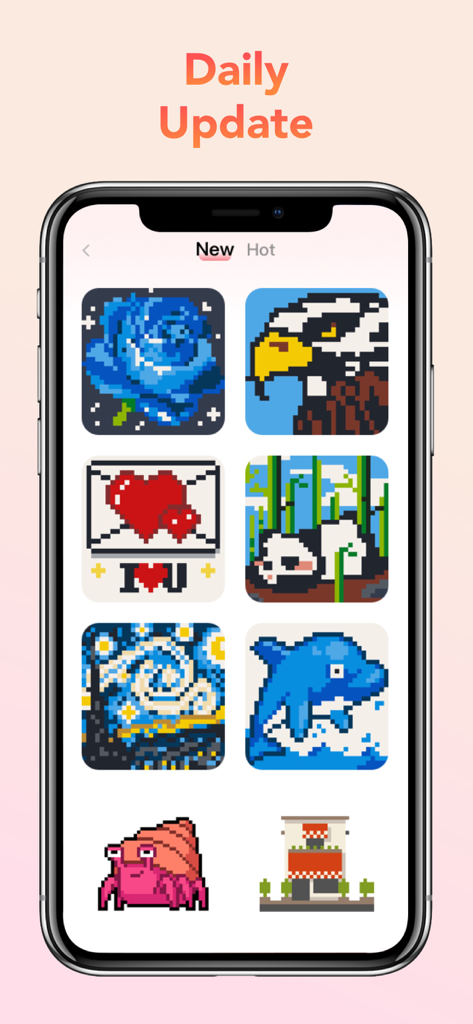 Pixel Art Book：Color By Number - A smartphone screen showing the Daily Update section of Pixel Art Book with various pixel art designs for coloring
