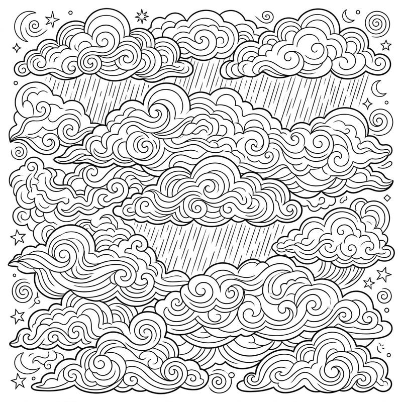 Unleash your creativity with this detailed stratus clouds coloring page, specially designed for teens. Explore a sky full of swirling clouds, gentle rain, and celestial touches waiting for your unique palette.