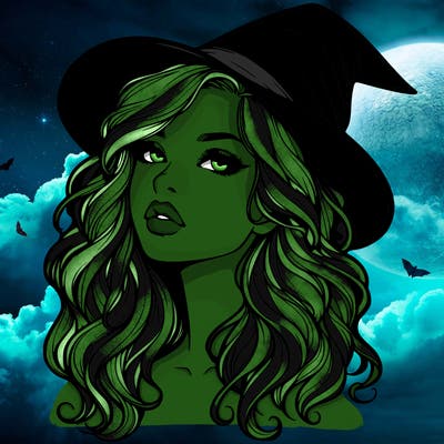 realistic witch girl with wavy hair and lips