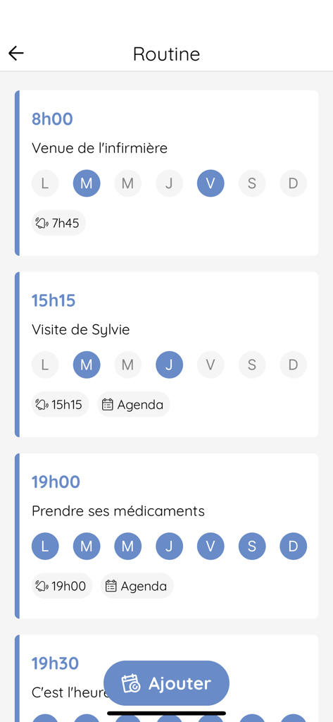 LiNote - LiNote app interface showing scheduled daily routines and medication reminders for senior care management