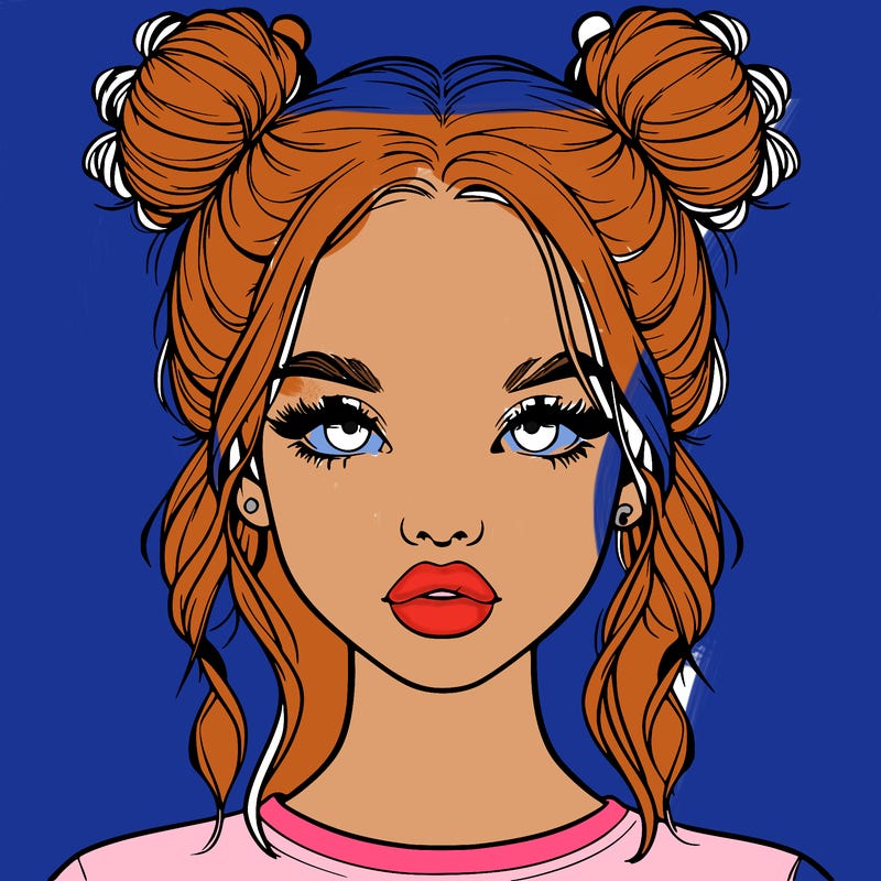 realistic girl with two buns in hair and lips