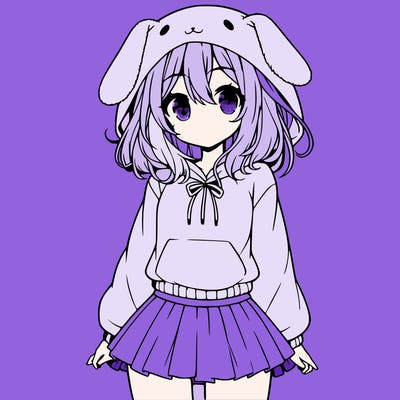 pretty anime girl wearing a fluffy hoodie with bunny ears on the hood and a skirt