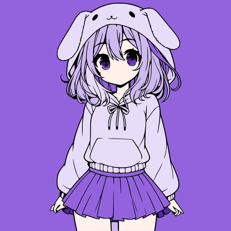 pretty anime girl wearing a fluffy hoodie with bunny ears on the hood and a skirt