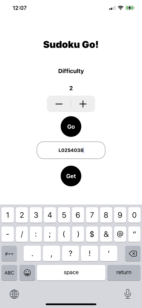 Interface of the Sudoku Go Pro app showing puzzle difficulty selection and a field to enter a puzzle serial number for finding solutions.
