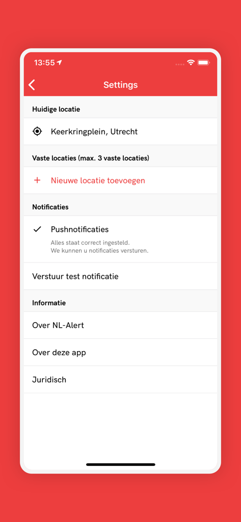 Settings menu of the NL-Alarm app for configuring current location and push notifications