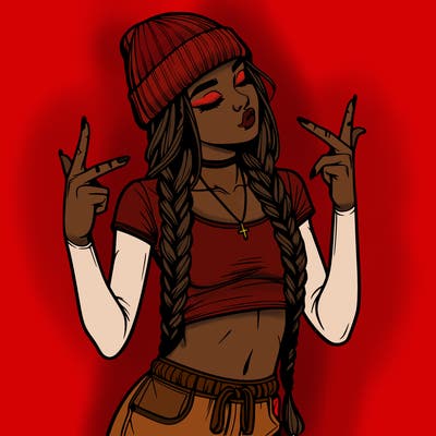 realistic teenage girl with braids and a beanie and crop top doing 🫶🏼