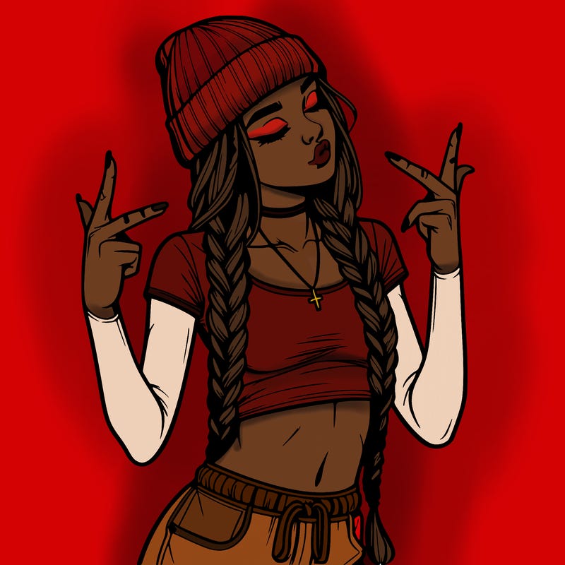 realistic teenage girl with braids and a beanie and crop top doing 🫶🏼