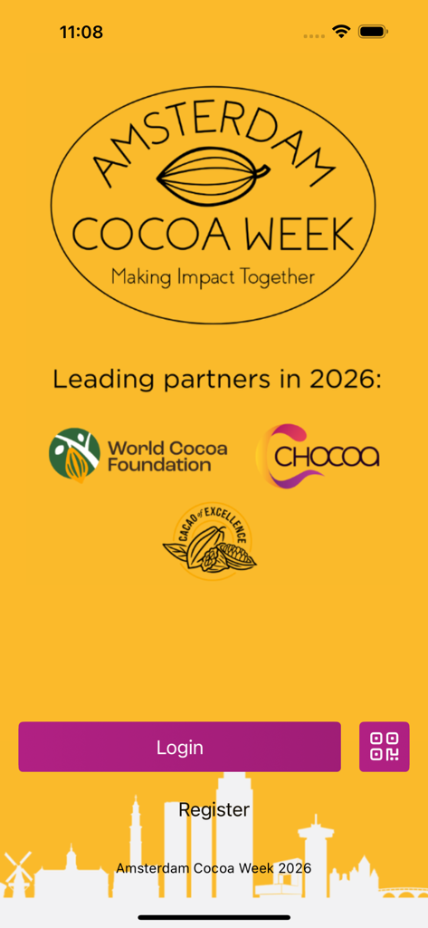 Amsterdam Cocoa Week - Pantalla de inicio de sesión de la aplicación Amsterdam Cocoa Week con logotipos de socios y marca del evento