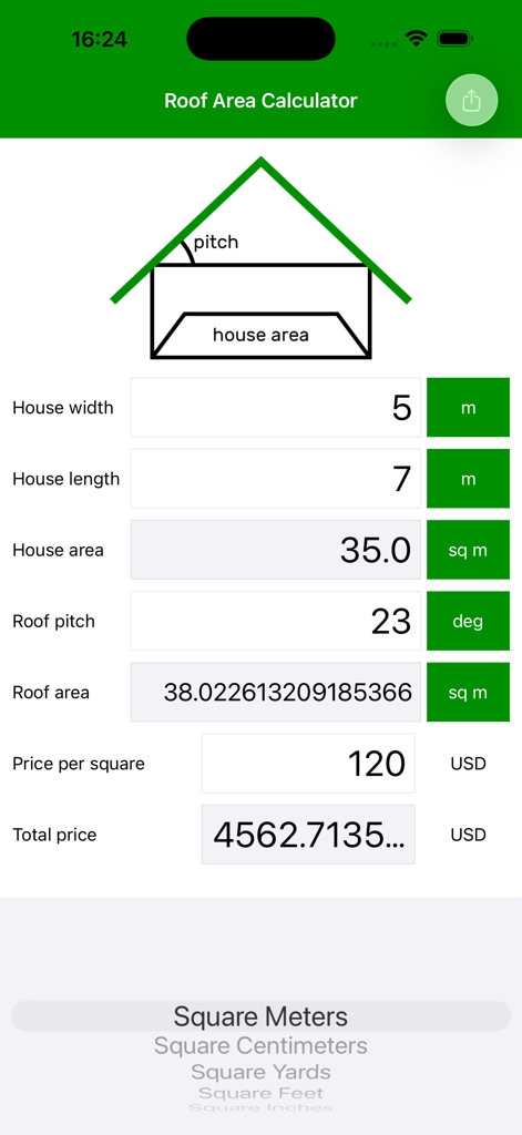 Roof Area Calculator app interface displaying house dimensions, roof pitch, area results, and total price calculation.