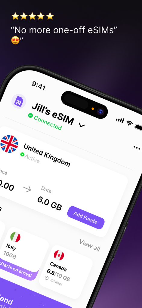 Umi: Universal eSIM & Data - Interface de l'application Umi montrant une eSIM connectée pour le Royaume-Uni et des forfaits de données pour plusieurs pays.