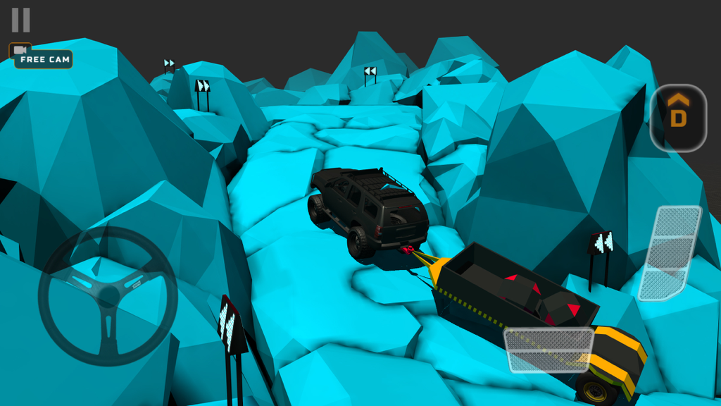 [PROJECT:OFFROAD] - Un SUV negro remolcando un remolque a través de un terreno poligonal bajo rocoso y azul en el juego de simulación Project Offroad