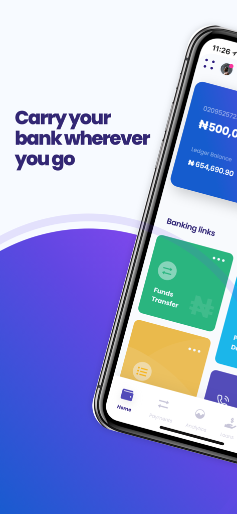 NPF Microfinance Bank - Interfaz de la aplicación móvil de NPF Microfinance Bank que muestra el saldo de la cuenta en Naira y las opciones de transferencia de fondos.