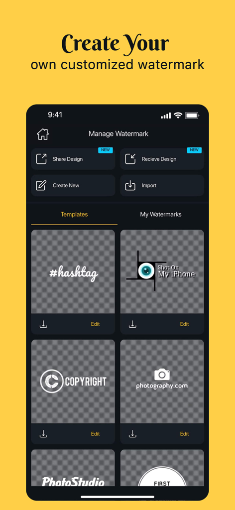 Add Watermark -Batch Process - Mobile app interface showing a variety of customizable watermark templates for photo protection and branding