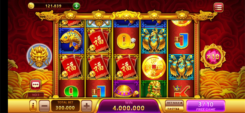 Chinese themed slot machine interface in Joker King Slots Online featuring golden phoenix and red envelope symbols