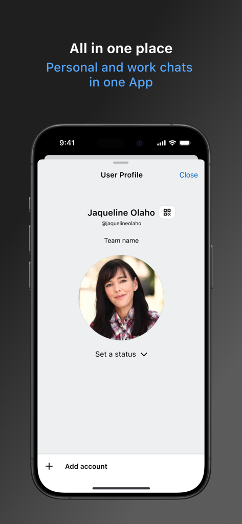 Wire • Secure Messenger - Wire App-Benutzerprofilseite, die eine Übersicht über persönliche und berufliche Konten zeigt