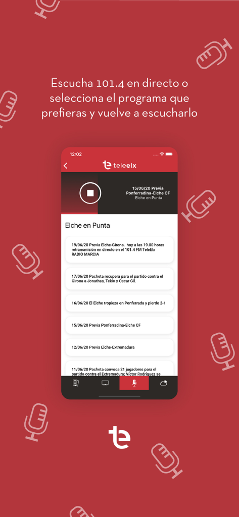 Sección de radio de la app TeleElx con programas locales en vivo y bajo demanda como Elche en Punta