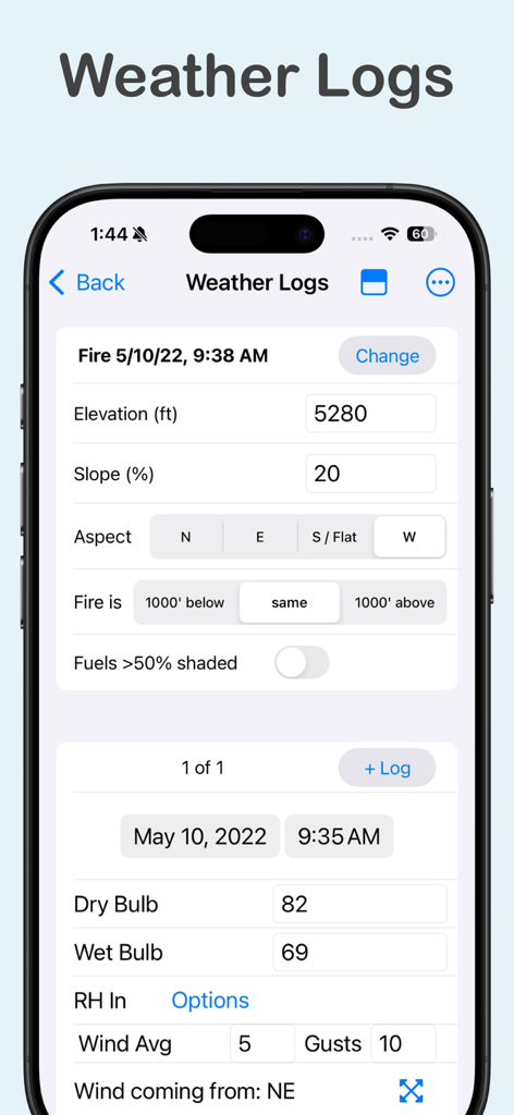 Wildland Toolkit - Wildland Toolkit app screen displaying a weather log entry interface for wildland fire incidents