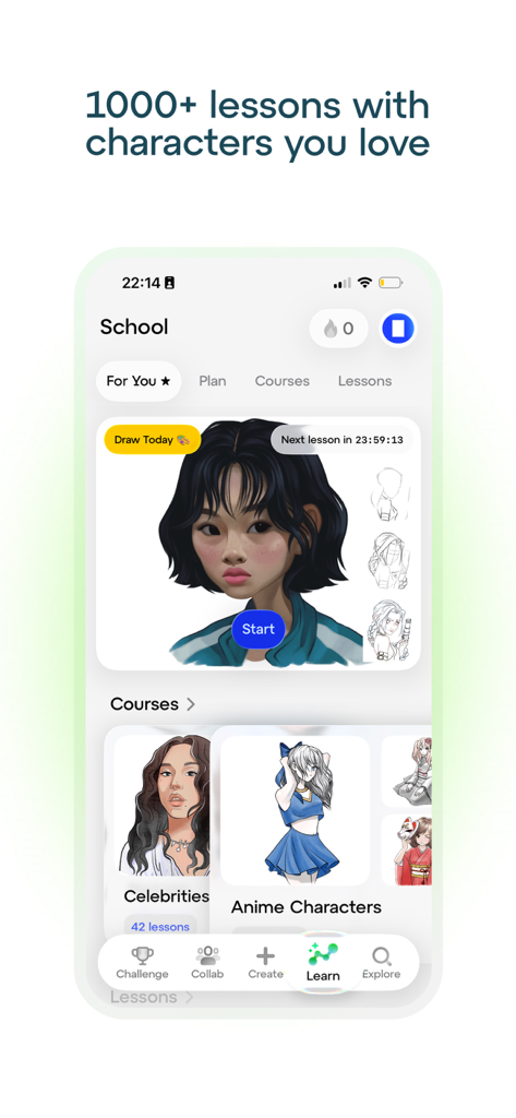 Sketchar: AR Drawing App - Sketchar 모바일 앱 인터페이스에 애니메이션 및 인물 사진을 위한 그림 강좌 및 캐릭터 레슨이 표시됨