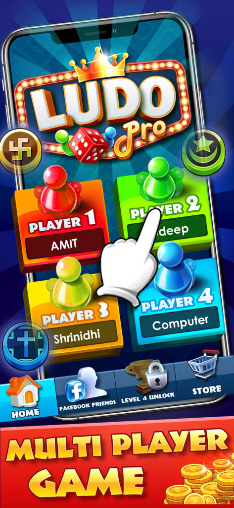 Ludo Pro app main menu showing a four player multiplayer setup with social media integration