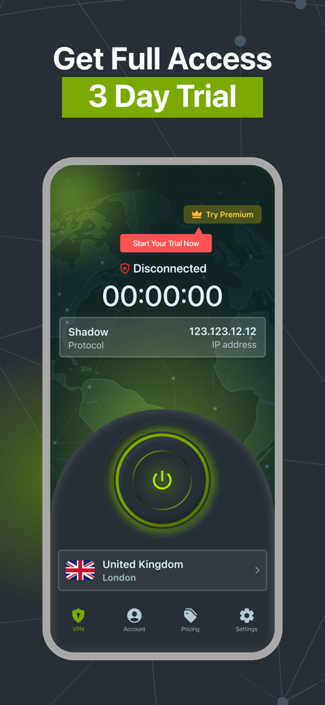 Interfaz de la aplicación móvil Zoog VPN mostrando una prueba gratuita de 3 días y selección de servidor en Londres