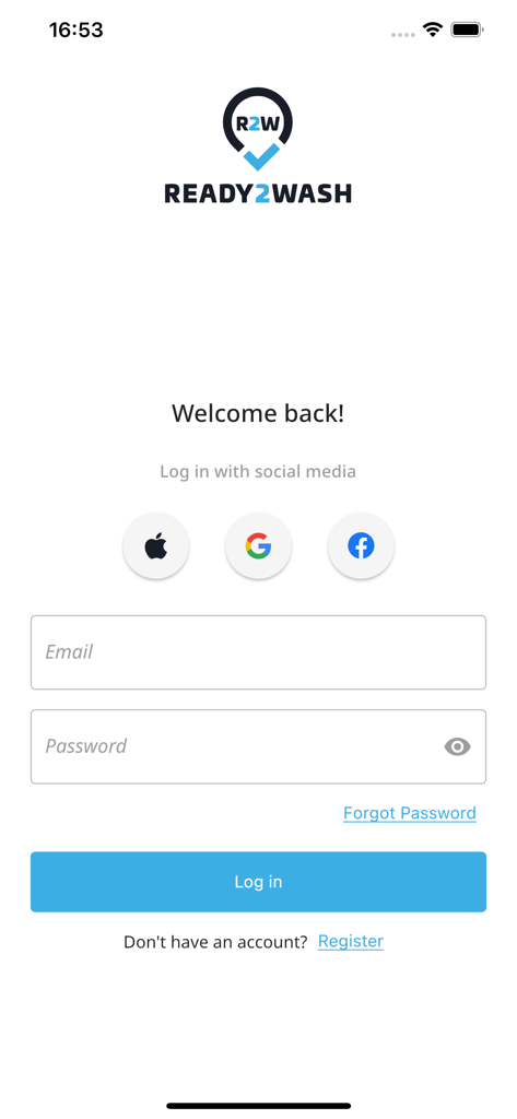 Ready2Wash app login screen featuring social media and email sign in options