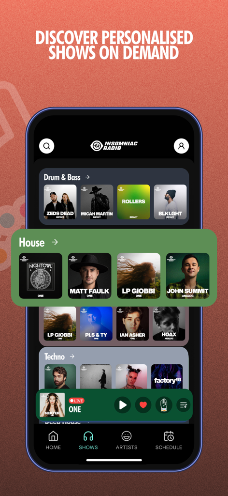 Insomniac Radio app interface showing music genres like house and techno with featured artist shows