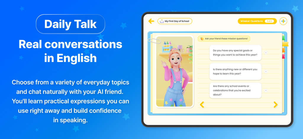 Ella School - English Learning - Ella School app interface for daily English speaking practice with an AI character