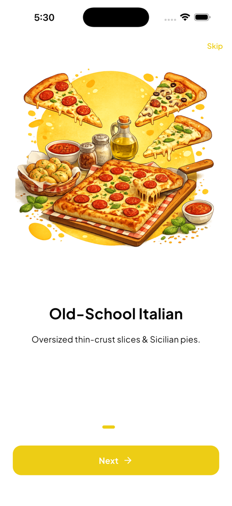 Pantalla de incorporación de la aplicación Phil and Sons con una ilustración de rebanadas de pizza italiana de la vieja escuela y pizzas sicilianas
