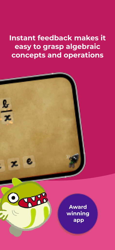 Una captura de pantalla de la aplicación Kahoot! Algebra by DragonBox que muestra acertijos algebraicos interactivos con un personaje de dibujos animados verde y una insignia de galardonado.