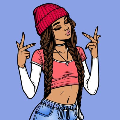 realistic teenage girl with braids and a beanie and crop top doing 🫶🏼