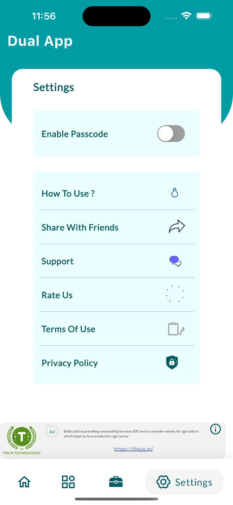 Dual App - Link All - Settings screen of the Dual App showing a passcode toggle for enhanced privacy and links for support and terms of use.