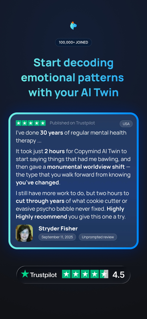 COPYMIND: AI Twin - Testimonio de usuario de Trustpilot y calificación de 4.5 estrellas para la aplicación COPYMIND AI Twin destacando sus capacidades de perspicacia emocional.
