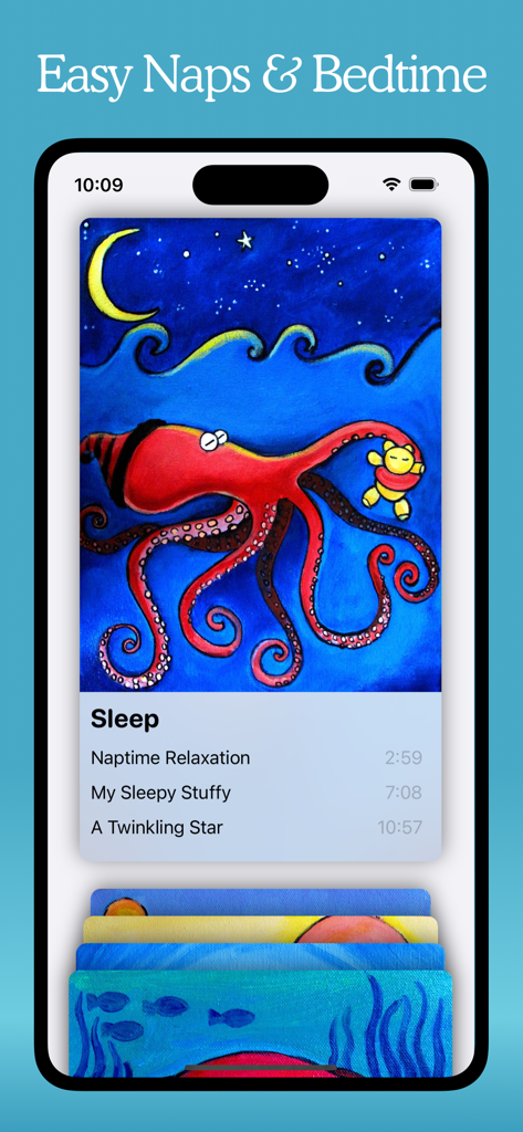 Kids Mindfulness Meditations - Kids Mindfulness app interface showing sleep meditation options with a whimsical octopus illustration