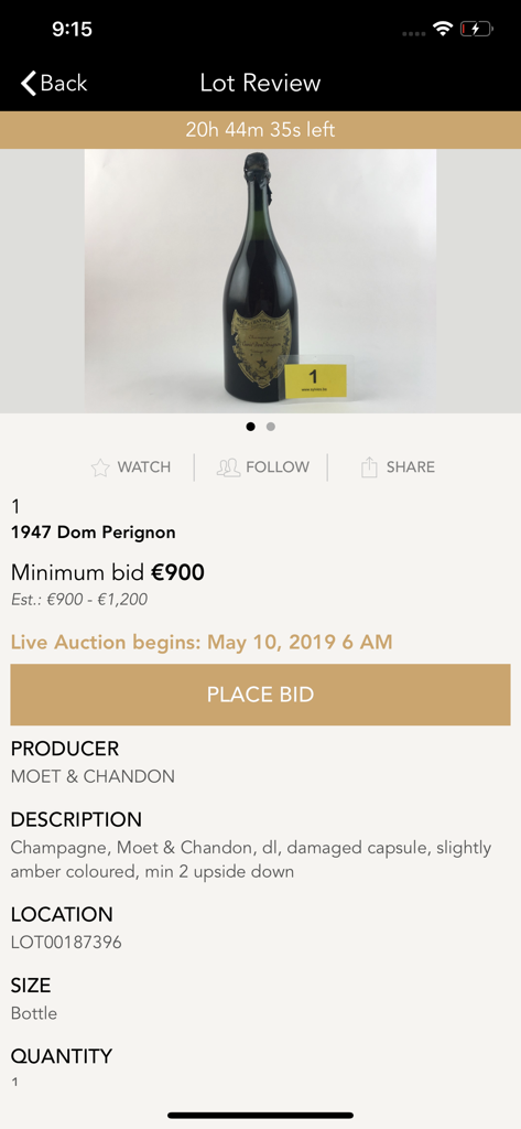 Sylvie's Wine Auctions - Sylvies Wine Auctions app showing a lot review for a 1947 Dom Perignon champagne bottle with bidding information