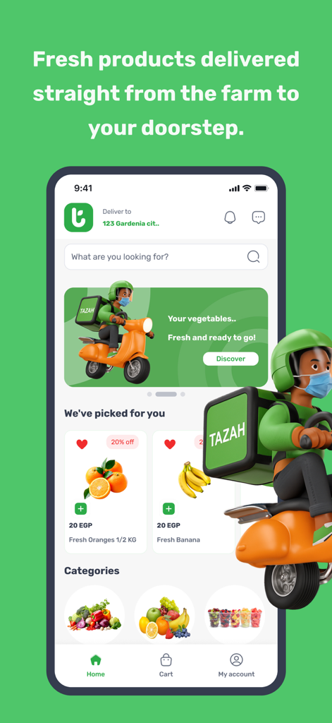 Tazah app interface showing fresh produce categories and a 3D delivery rider on a scooter