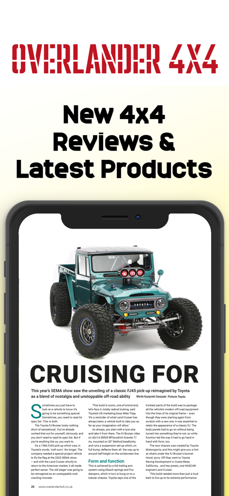 Overlander 4x4 mobile app displaying a digital magazine article about a custom Toyota FJ45 truck
