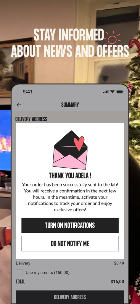 A mobile screen showing a thank you message and a prompt to turn on notifications after placing a photo order in the Lalalab app