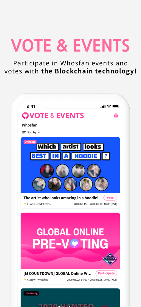 Whosfan - Whosfanアプリのインターフェース。進行中のK-POPアーティストの投票とイベントが表示されている