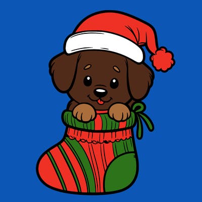cute puppy wearing santa hat in socking